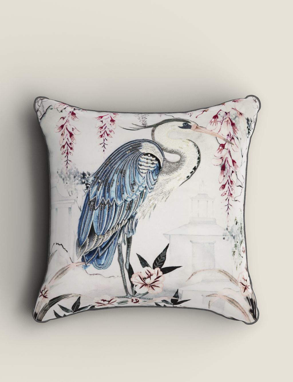Velvet Crane Embroidered Cushion image 1
