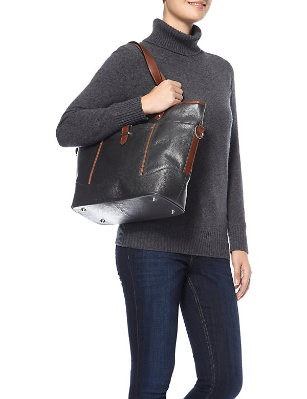 Leather Contrast Trim Shopper Bag - QA