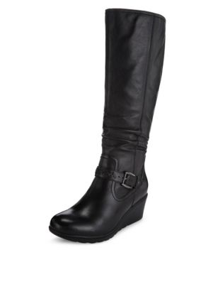 Leather Stretch Zip Ruched Wedge Knee Boots | Footglove™ | M&S