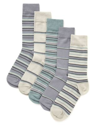 5 Pairs of Freshfeet™ Cotton Rich Stay Soft Striped Socks with Silver ...
