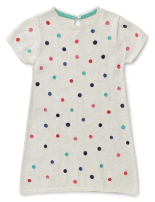 Pure Cotton Spotted Knitted Girls Dress with StayNEW™ (1-7 Years) | M&S