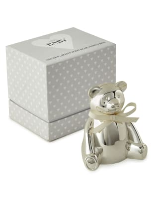 silver teddy bear money box