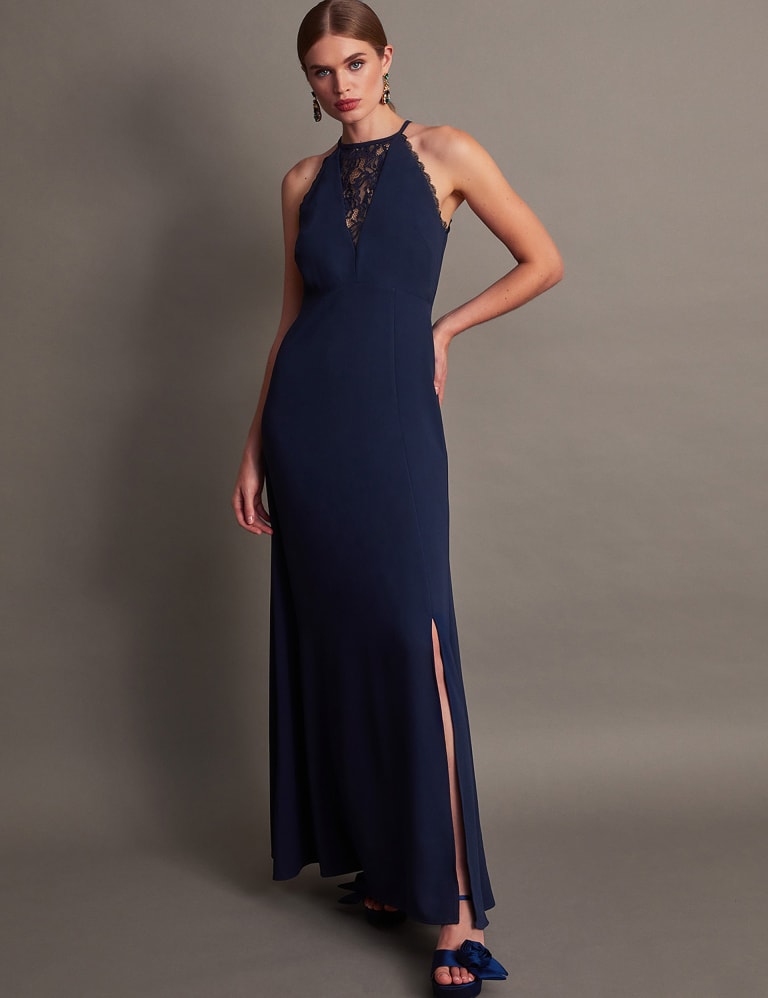 Halter Neck Satin Gown wih Decorative Straps