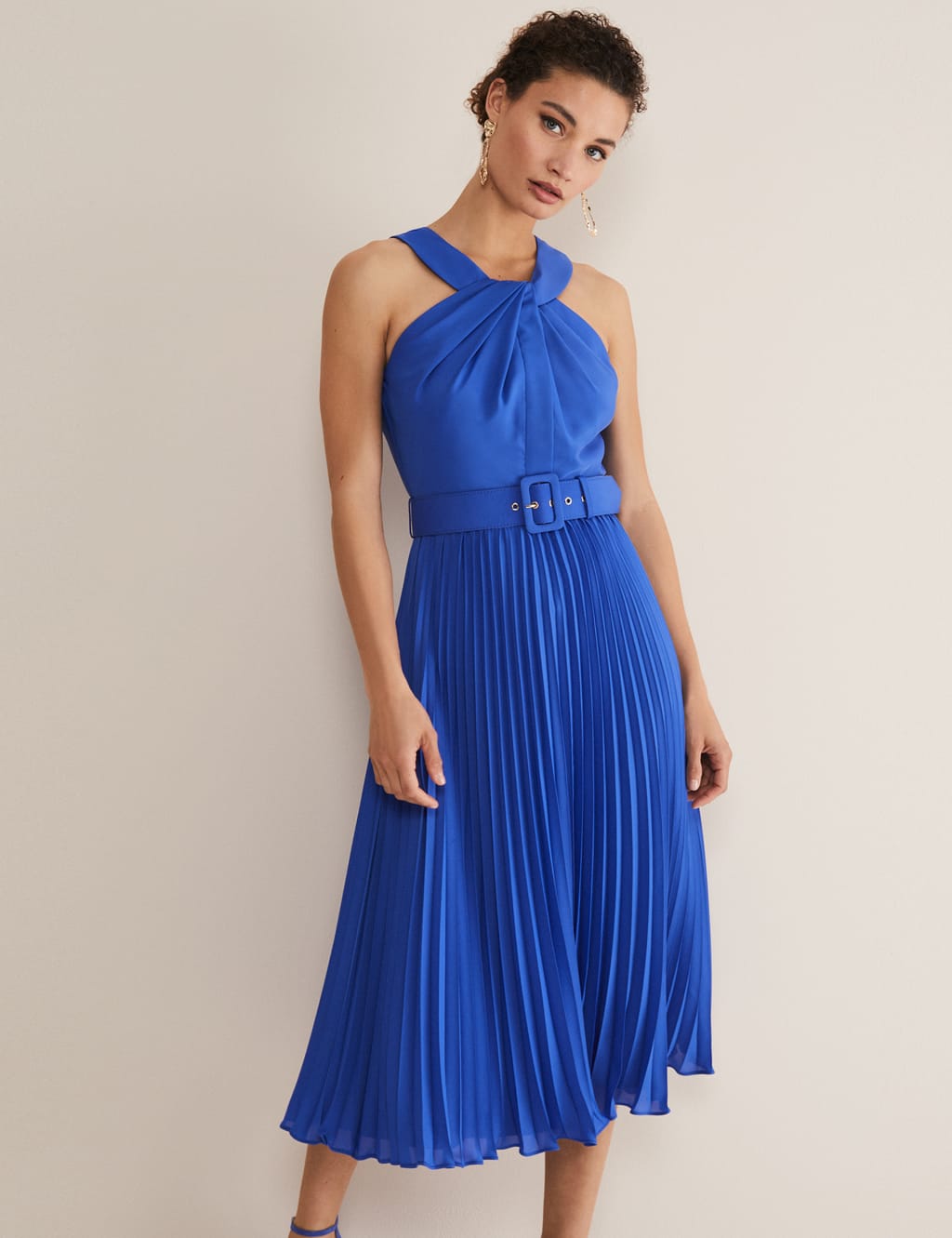 SUELLEN TWIST NECK HALTER MIDI DRESS