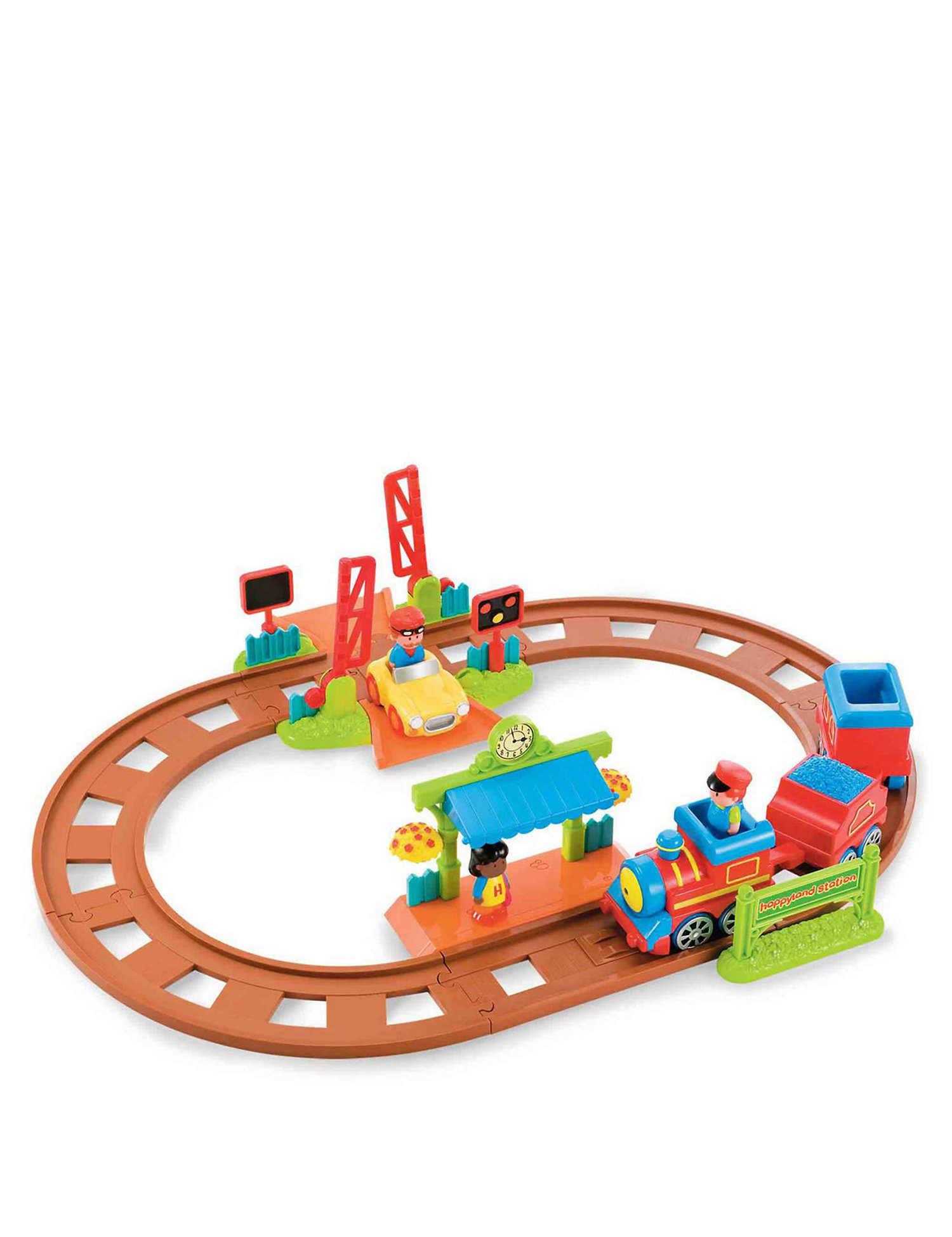 An Early Learning Centre Happyland Magic Motion Train Set that features brown tracks, red and blue train cars, one yellow automobile, and red and green accessories