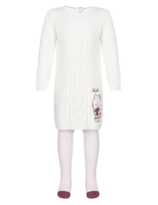 Hello Kitty Cotton Rich Cable Knit Dress & Tights Outfit (1-7 Years) Image 2 of 4