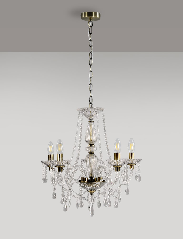 Early Brass and Yellow Glass Electric Chandelier, Large Curved Arm