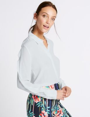 Womens white ruffle collar shirt with ruffle long sleeves and hidden placket