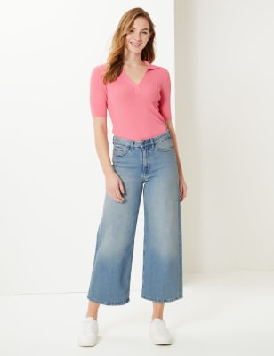 High Waist Wide Leg Cropped Jeans, M&S Collection