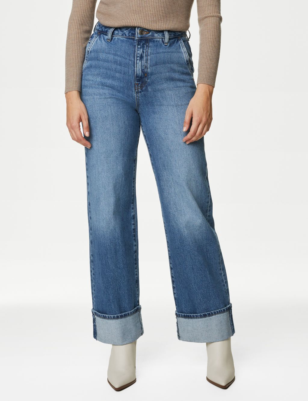 High Waisted Slim Wide Leg Turn Up Jeans | M&S Collection | M&S