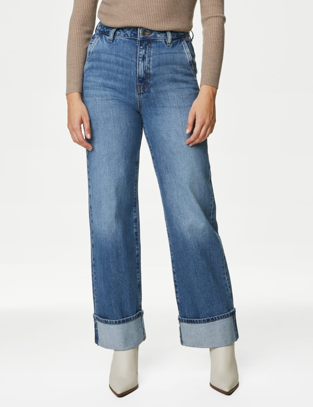 High Waisted Slim Wide Leg Turn Up Jeans M&S Collection M&S