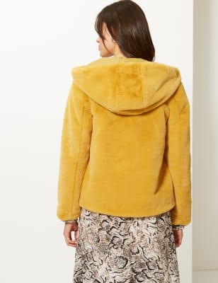 Mustard faux cheap fur hooded coat