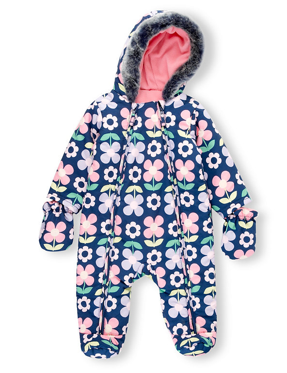 Hooded Faux Fur Trim Floral Snowsuit with Mittens Image 1 of 2