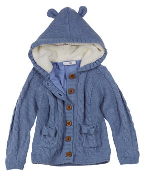 Hooded Lined Chunky Cardigan with Wool (1-7 Years) Image 2 of 4