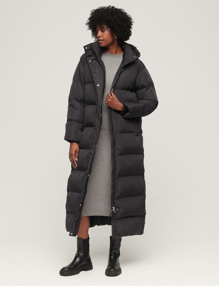 Black Hooded Long Line Puffer Coat