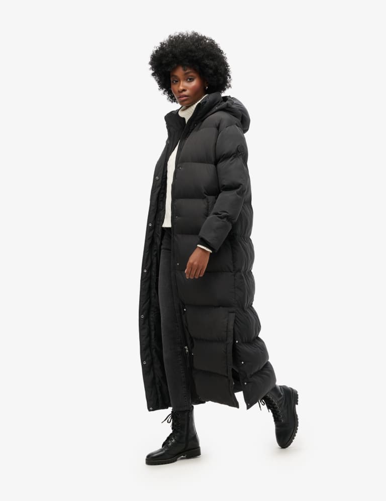 Black Hooded Long Line Puffer Coat