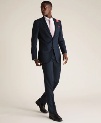 men's black suit with pink shirt