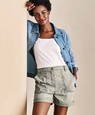 jean jacket with khaki shorts