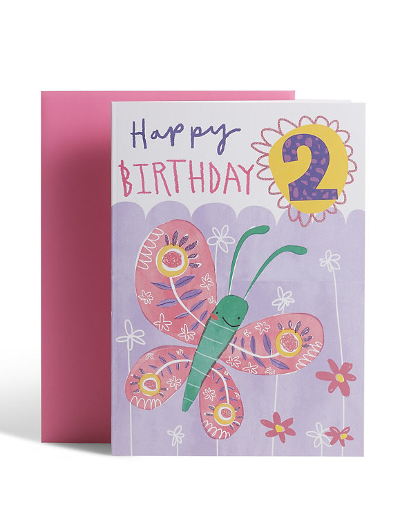 Illustrated Butterfly 2nd Birthday Card Image 1 of 2