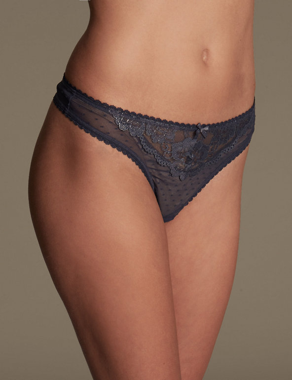 Isabella Floral Lace Spotted Mesh Thongs Image 1 of 2