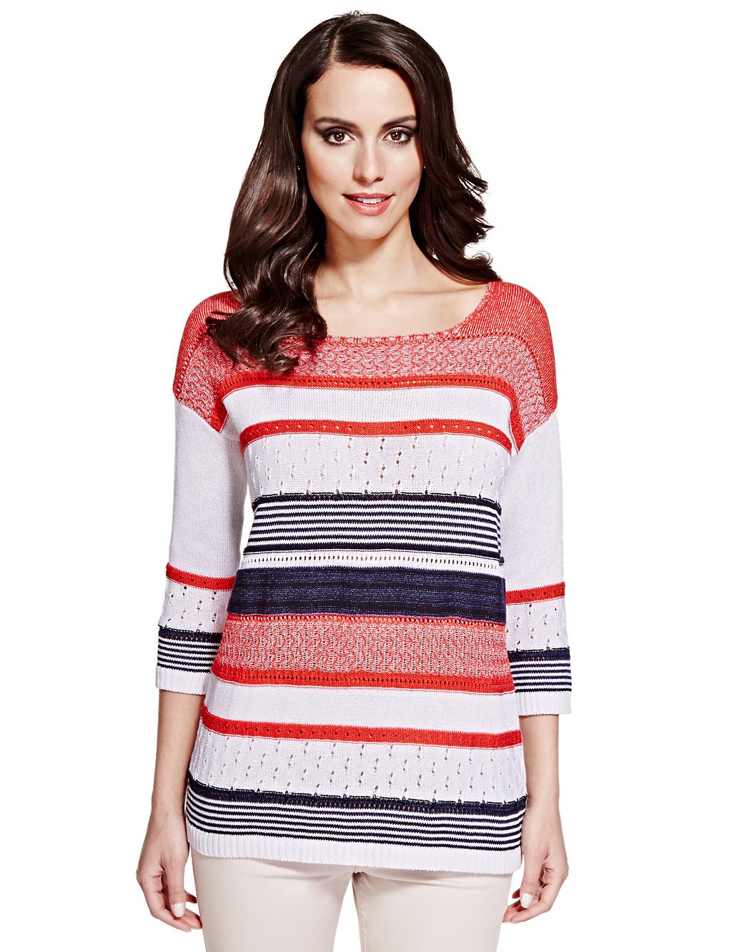 Italian Made Multi Stripe Knitted Top with Pointelle Detail 2 of 6