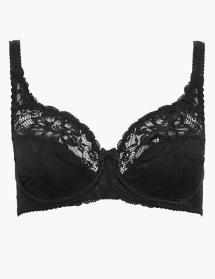 Large Cup Jacquard Non-Padded Sheer Lace Black Bra