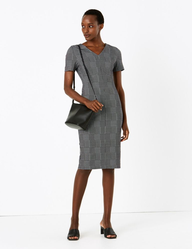 Jersey Checked V-Neck Midi Tailored Dress 1 of 4