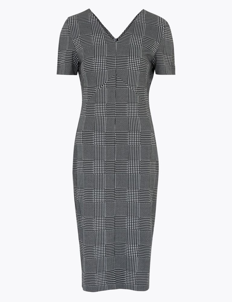 Jersey Checked V-Neck Midi Tailored Dress 2 of 4