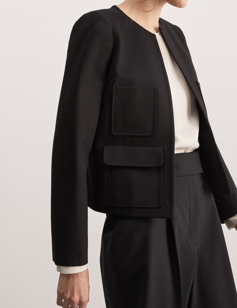 Long collarless jacket deals