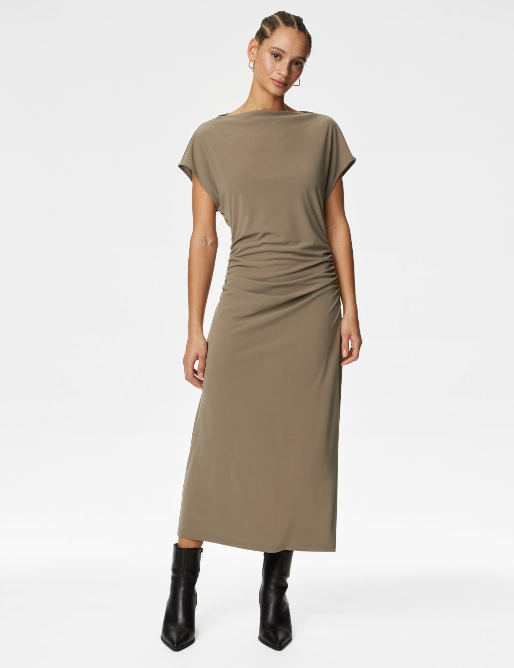 Jersey Cowl Neck Ruched Midi Bodycon Dress 2 of 6