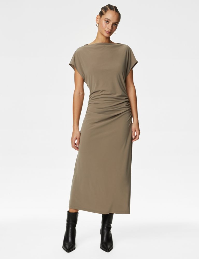 Jersey Cowl Neck Ruched Midi Bodycon Dress 3 of 6