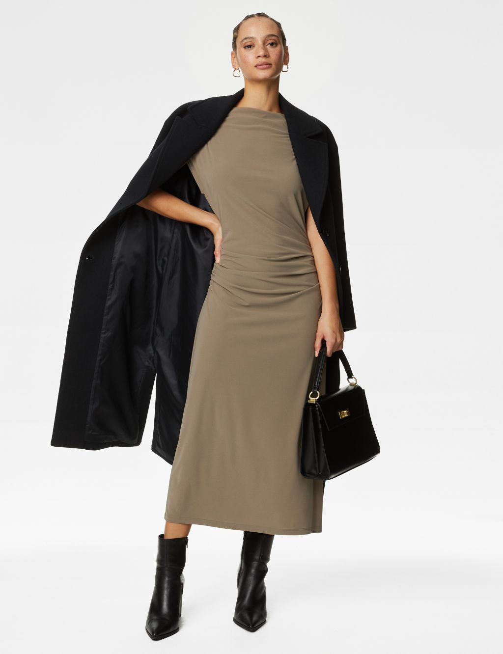 Jersey Cowl Neck Ruched Midi Bodycon Dress 5 of 6
