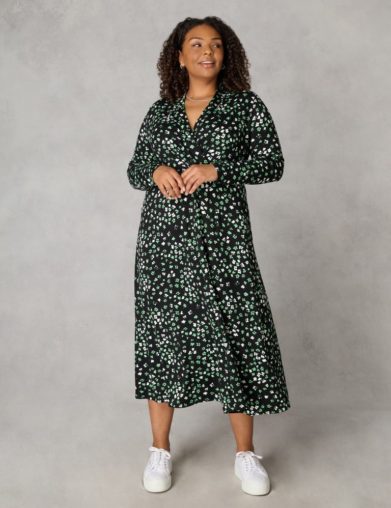 Jersey Ditsy Floral V-Neck Midi Wrap Dress 1 of 5