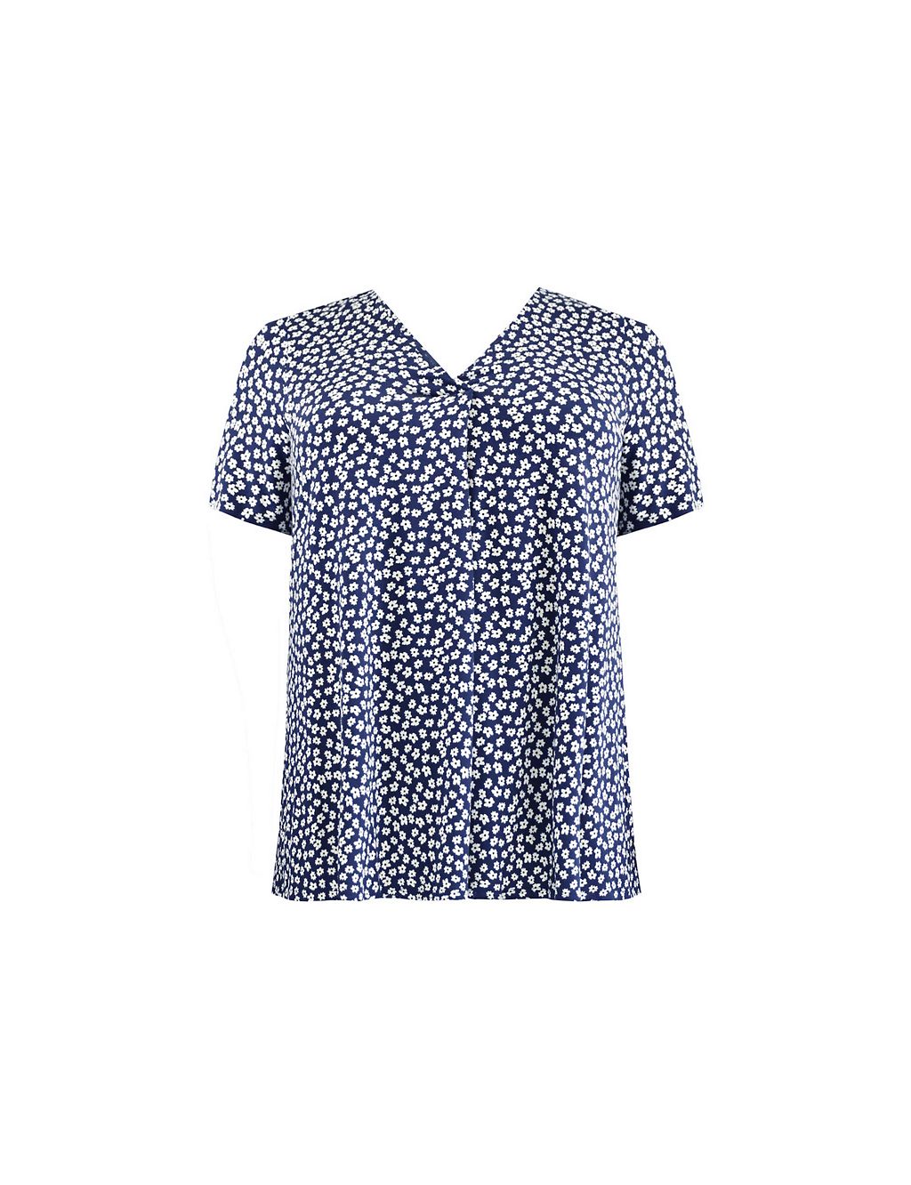 Jersey Ditsy Floral V-Neck Pleat Detail Top 1 of 7