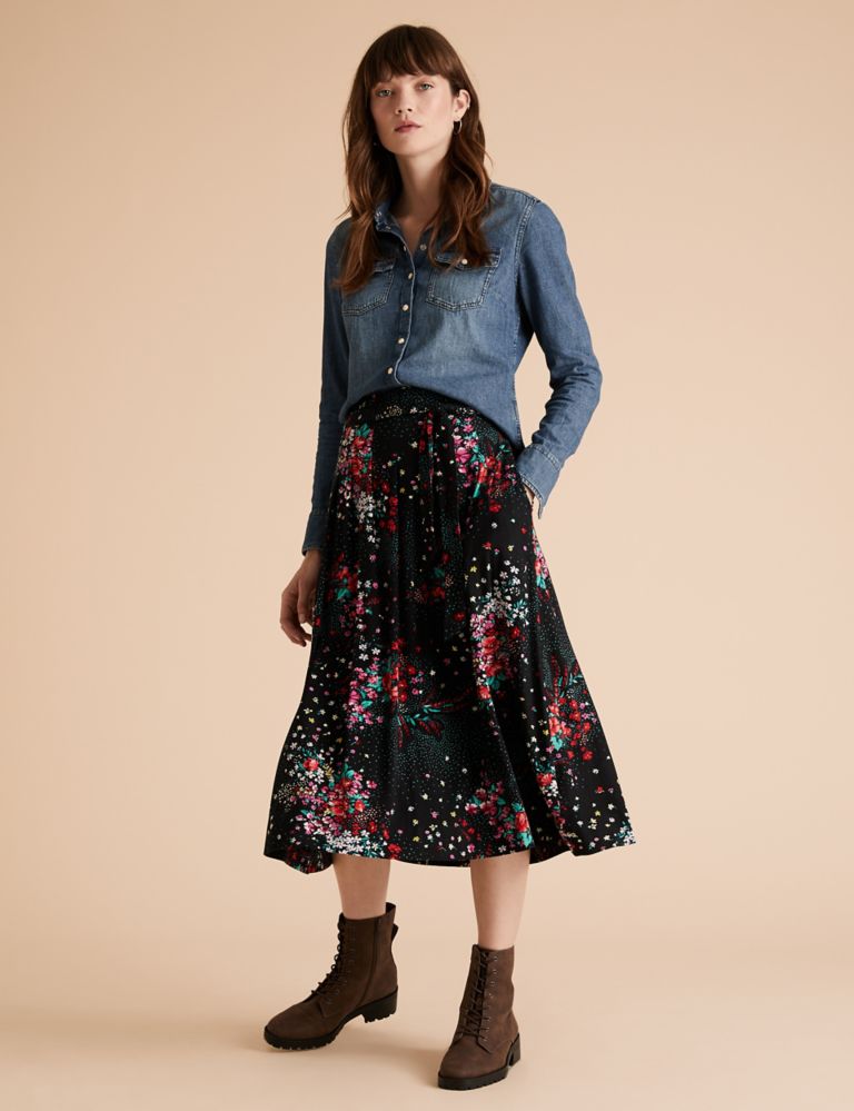 Jersey Floral Belted Midi Skater Skirt | Per Una | M&S