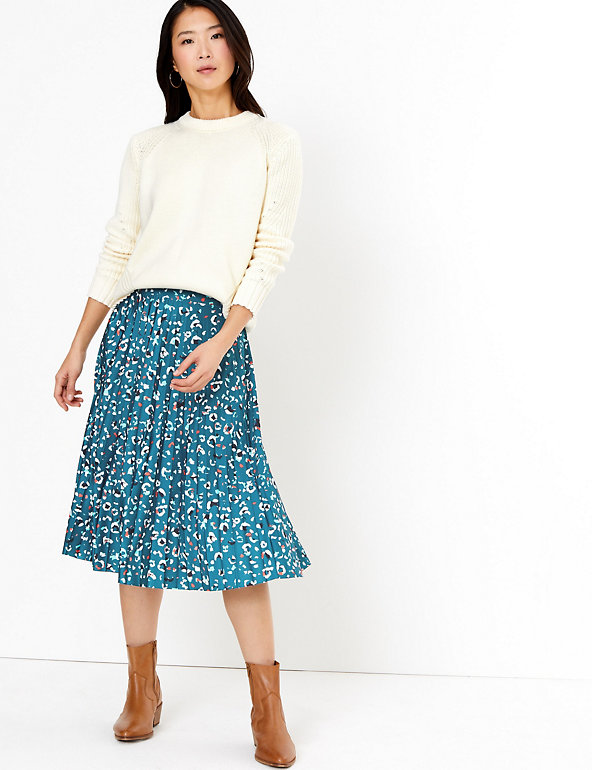 Ladies M&S Skirt Swing Midi Floral NAVY Print Jersey Vintage Tea Size 10 16 20 