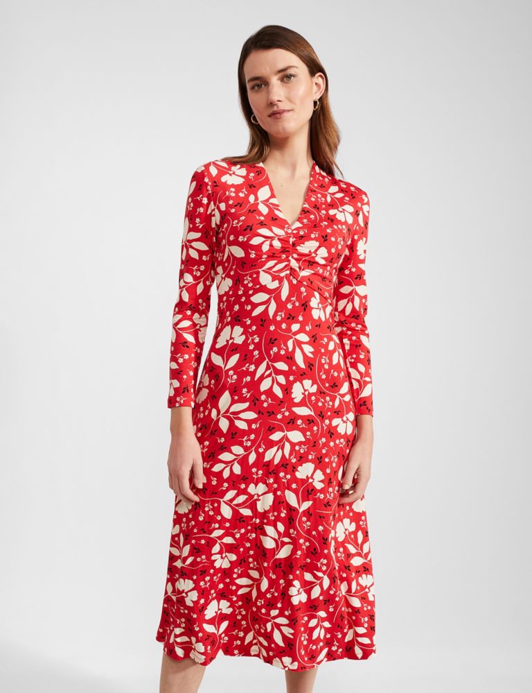 Jersey Floral V-Neck Midi Waisted Dress 3 of 8