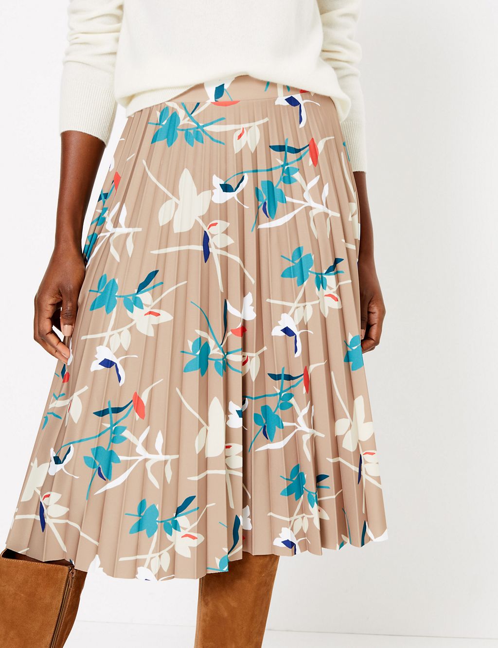 Jersey Leaf Print Pleated Midi Skirt | M&S Collection | M&S