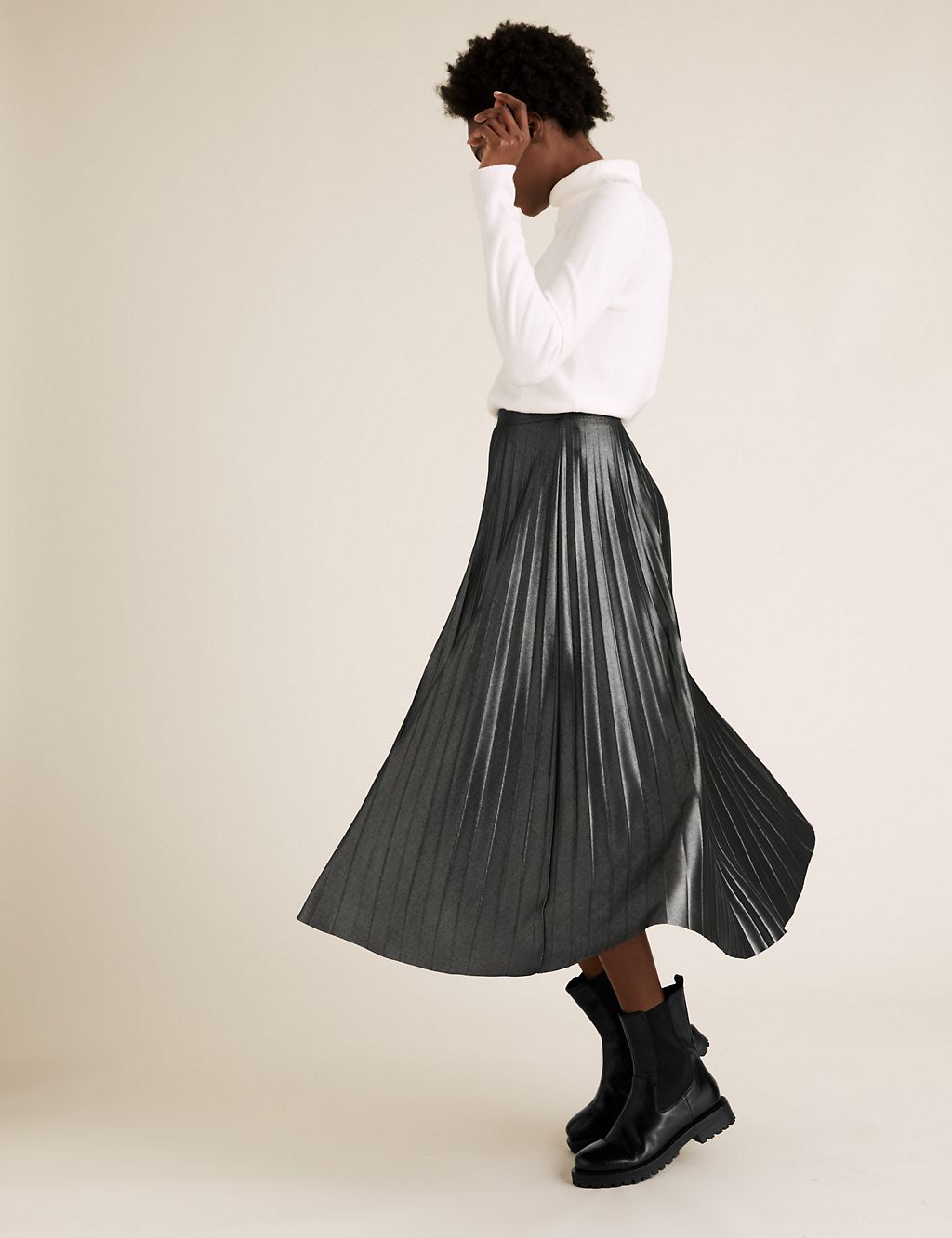 Jersey Metallic Pleated Midi Skirt 3 of 6