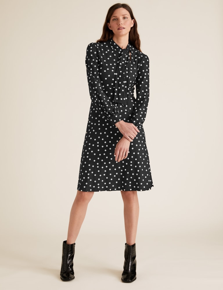 Jersey Polka Dot Tie Neck Skater Dress 1 of 5