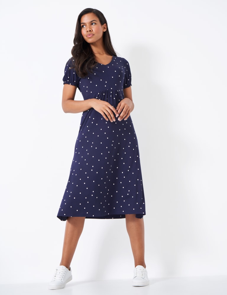 Jersey Polka Dot V-Neck Midi Waisted Dress 1 of 4