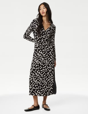 Jersey Polka Dot V Neck Midi Wrap Dress M S Collection M S