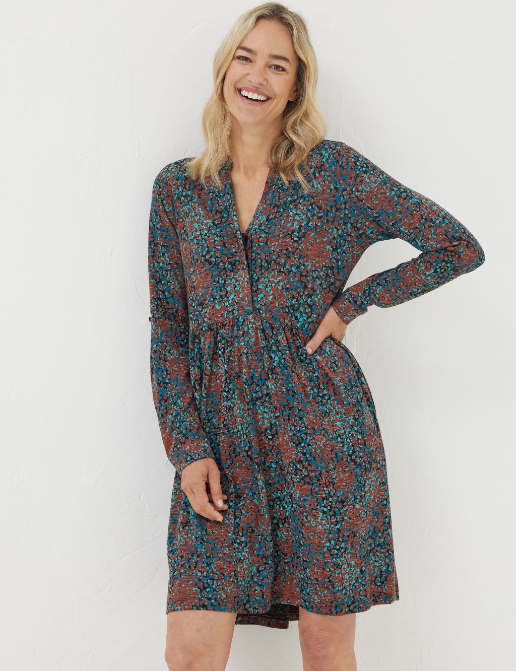 Jersey Printed Textured V-Neck Waisted Dress | FatFace | M&S