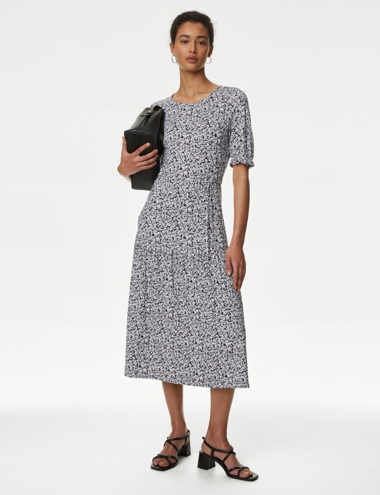 Pure Cotton Printed Square Neck Midi Waisted Dress, M&S Collection