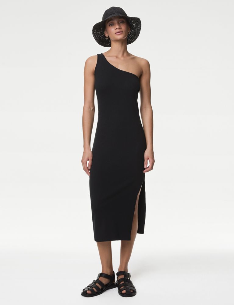 Jersey Ribbed One Shoulder Midi Beach Dress 3 of 4