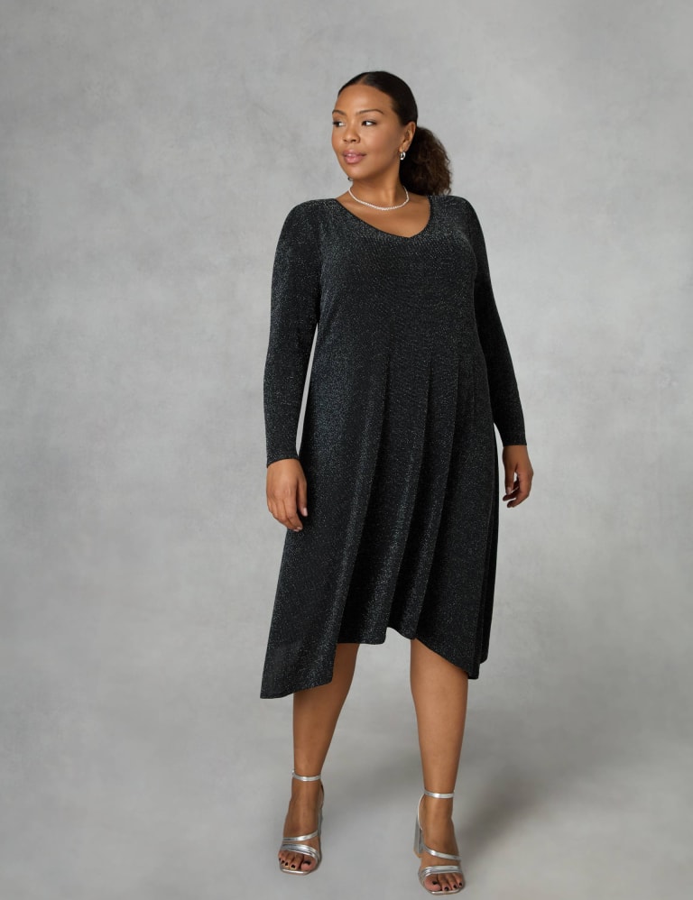 Jersey Sparkly V-Neck Midi Swing Dress 1 of 4