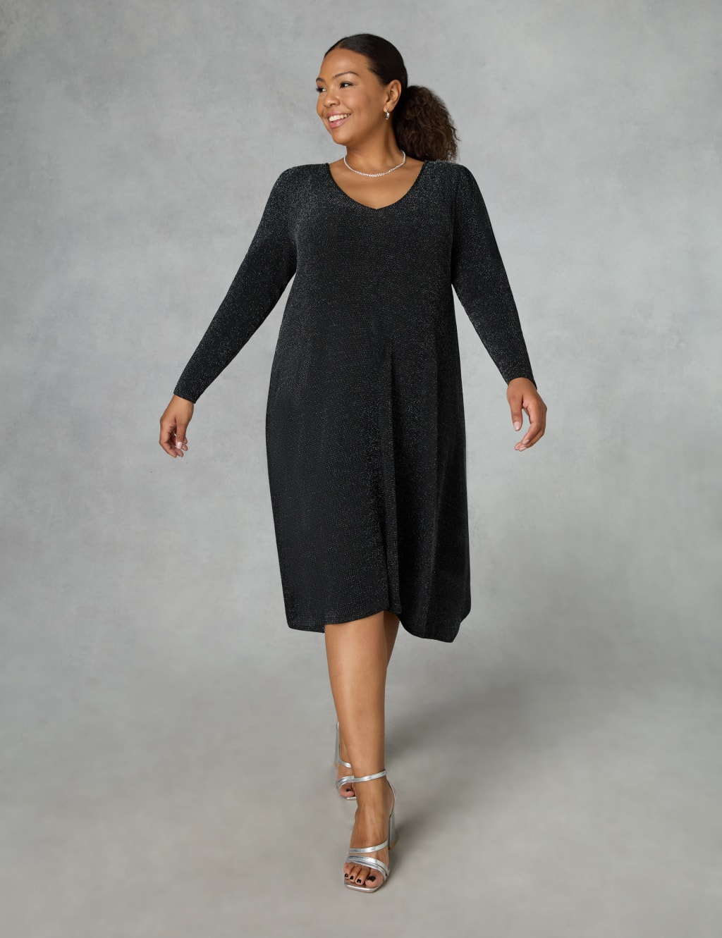 Jersey Sparkly V-Neck Midi Swing Dress 2 of 4