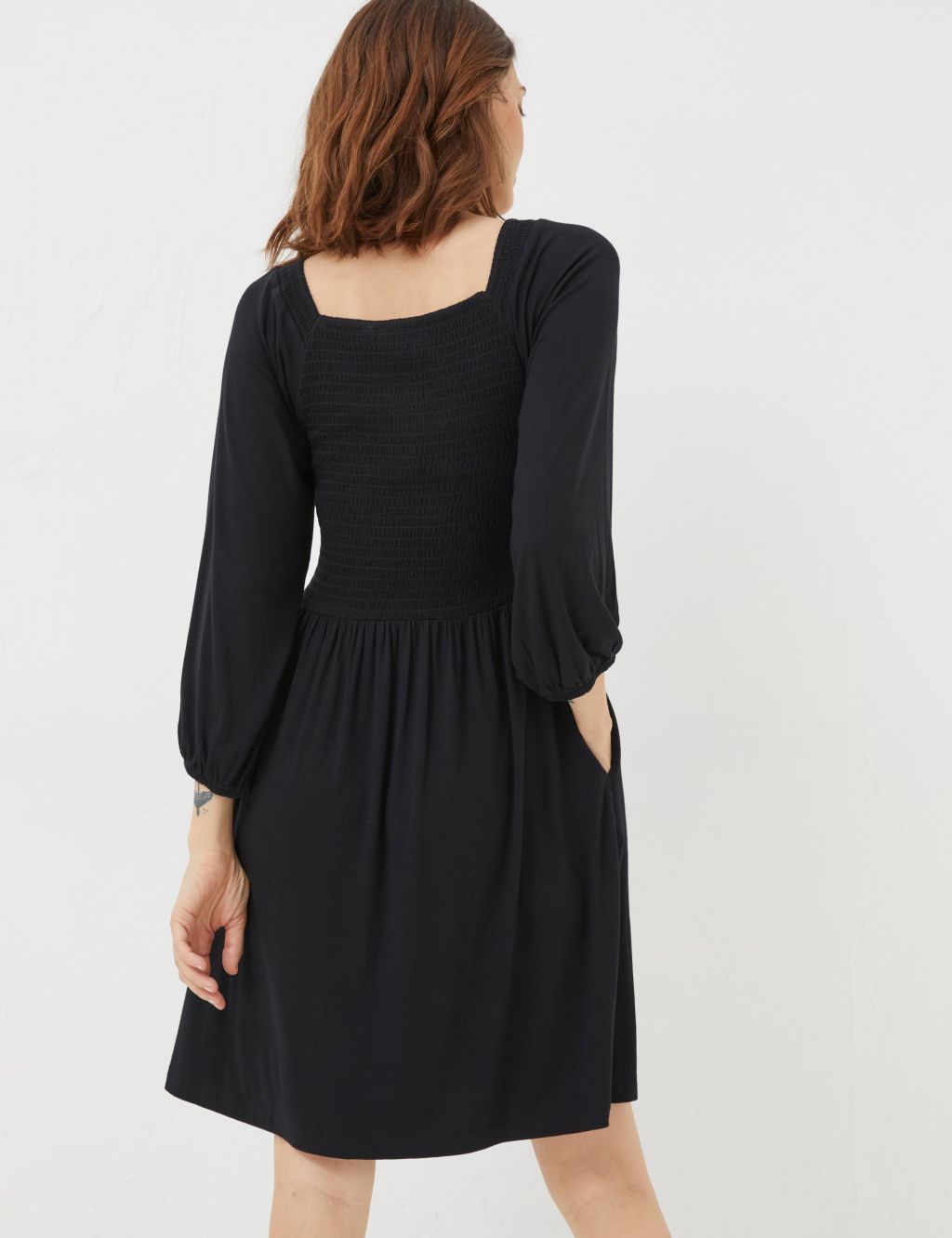 Jersey Square Neck Knee Length Shirred Dress 2 of 5