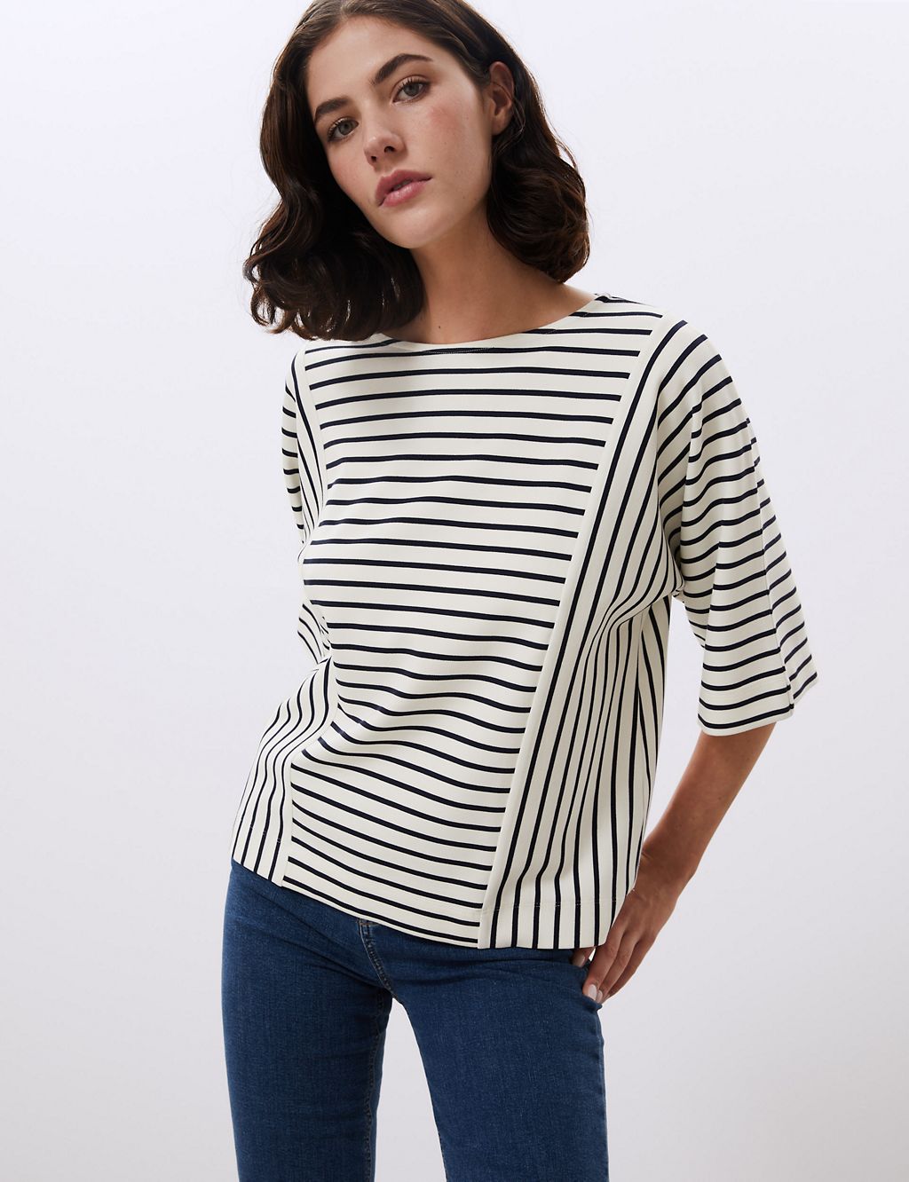 Jersey Striped Round Neck 3/4 Sleeve Top 2 of 6