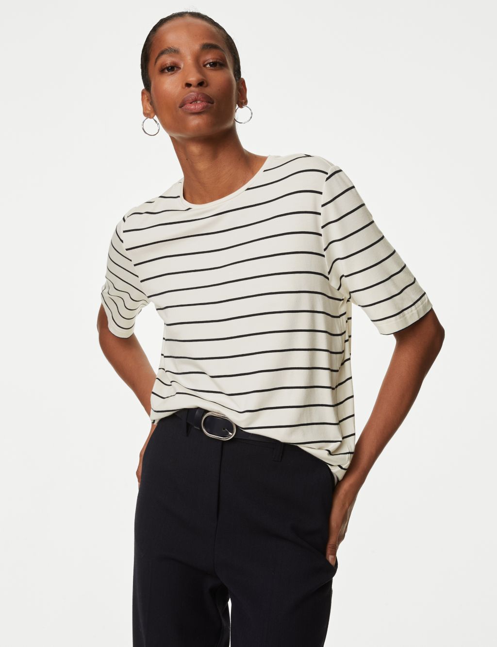 Jersey Striped Round Neck Relaxed T-Shirt | Autograph | M&S